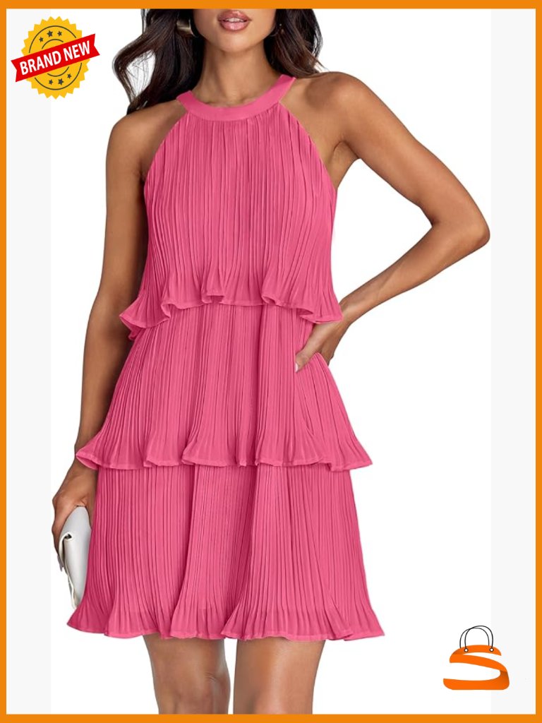Halter Cocktail Mini Dress Sleeveless Ruffle Tiered Chiffon Wedding Guest